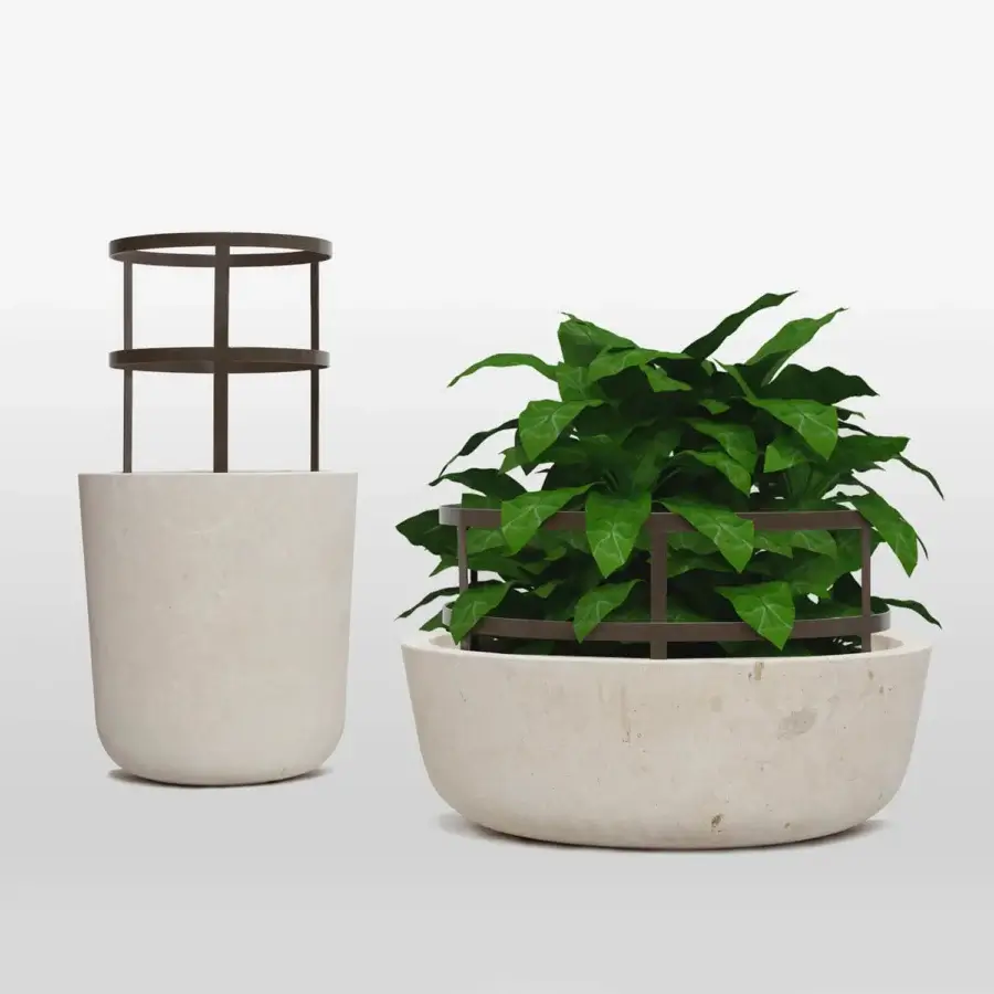 Luxury PIMAR Piro vase set in matte porous natural stone with minimalist brown iron support grid and refined silhouette