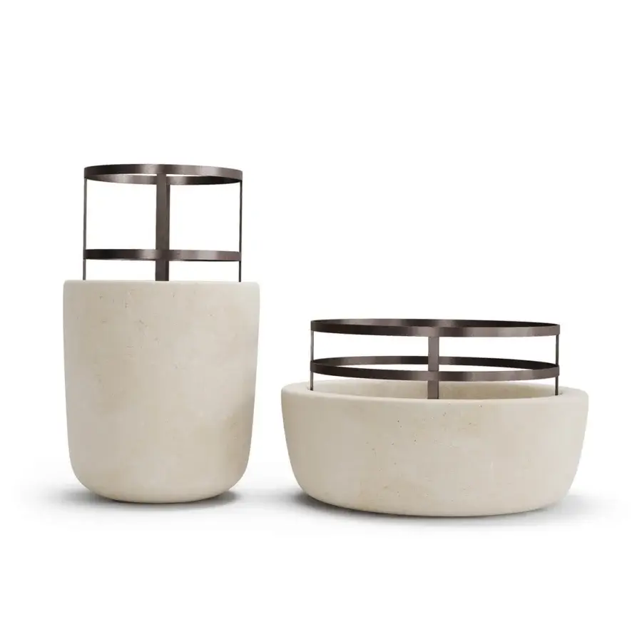 Luxury PIMAR Piro vase set with cream stone-like body encased in striking dark brown iron framework architectural design