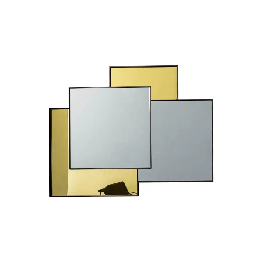 Distinguished Sovet Italia Combi mirror with a lacquered aluminum frame, showcasing staggered square mirrors in reflective gold and matte grey finishes