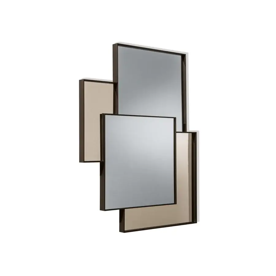 Sophisticated Sovet Italia Combi mirror with overlapping sections, displaying clear and frosted mirrors in mocha lacquered aluminum