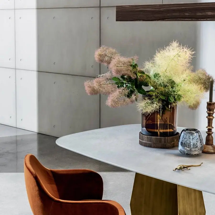 Exclusive Sovet Italia Deod table with a ceramic laminated top and angular lacquered metal bases in a golden-brown metallic finish