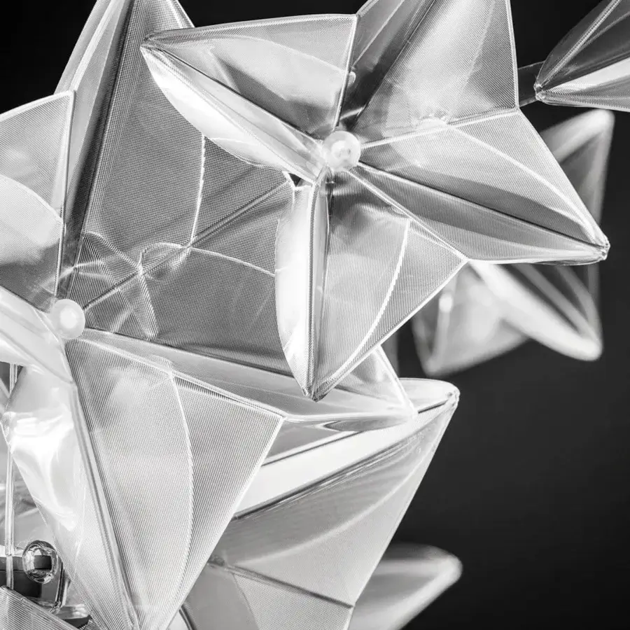 Distinguished Slamp Hanami wall/ceiling lamp with a bouquet of hand-folded Lentiflex® flowers and silver-toned painted steel frame