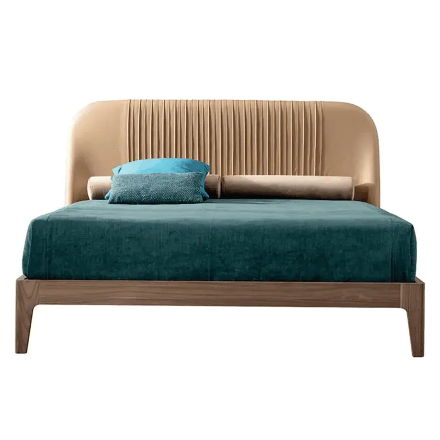 Luxury Modesign Alba bed in light beige suede-like upholstered headboard with vertical channel-stitching and wood base