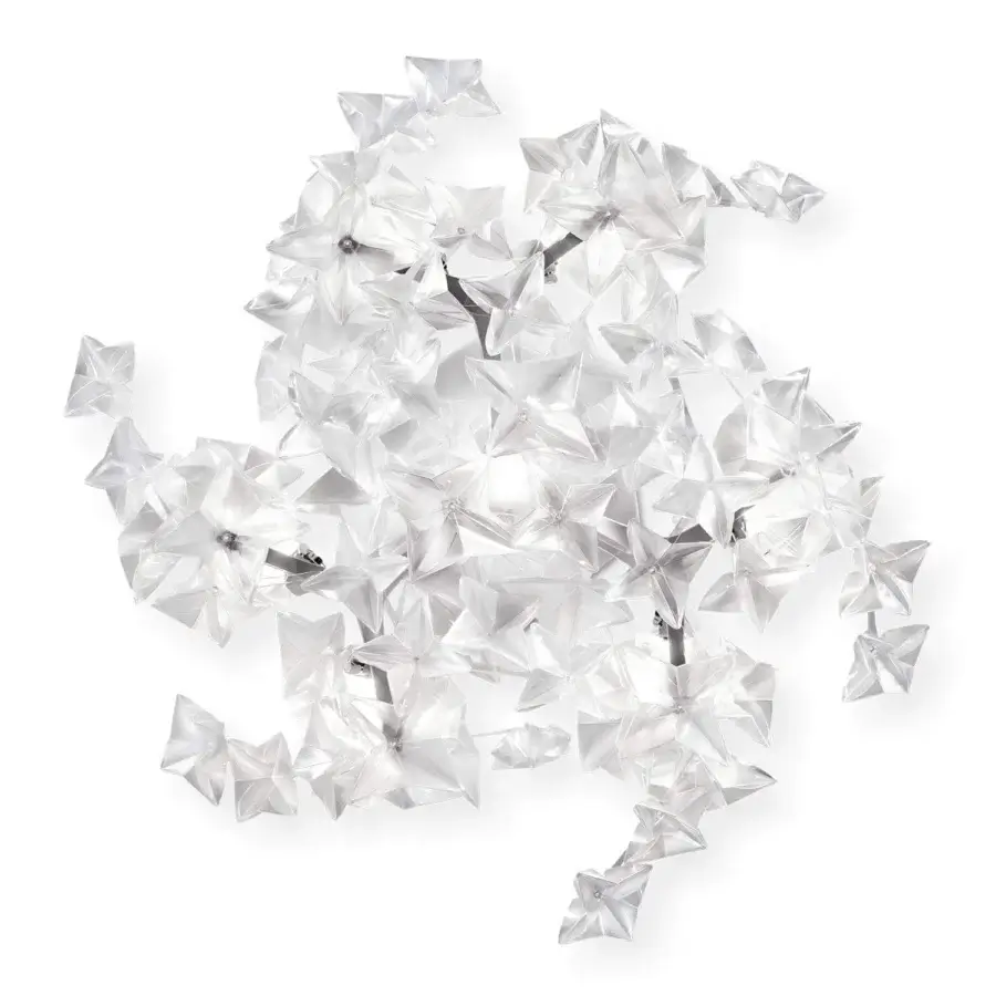 Elegant Slamp Hanami wall/ceiling lamp with a wide bouquet of hand-folded clear frosted white Lentiflex® flowers and painted steel frame