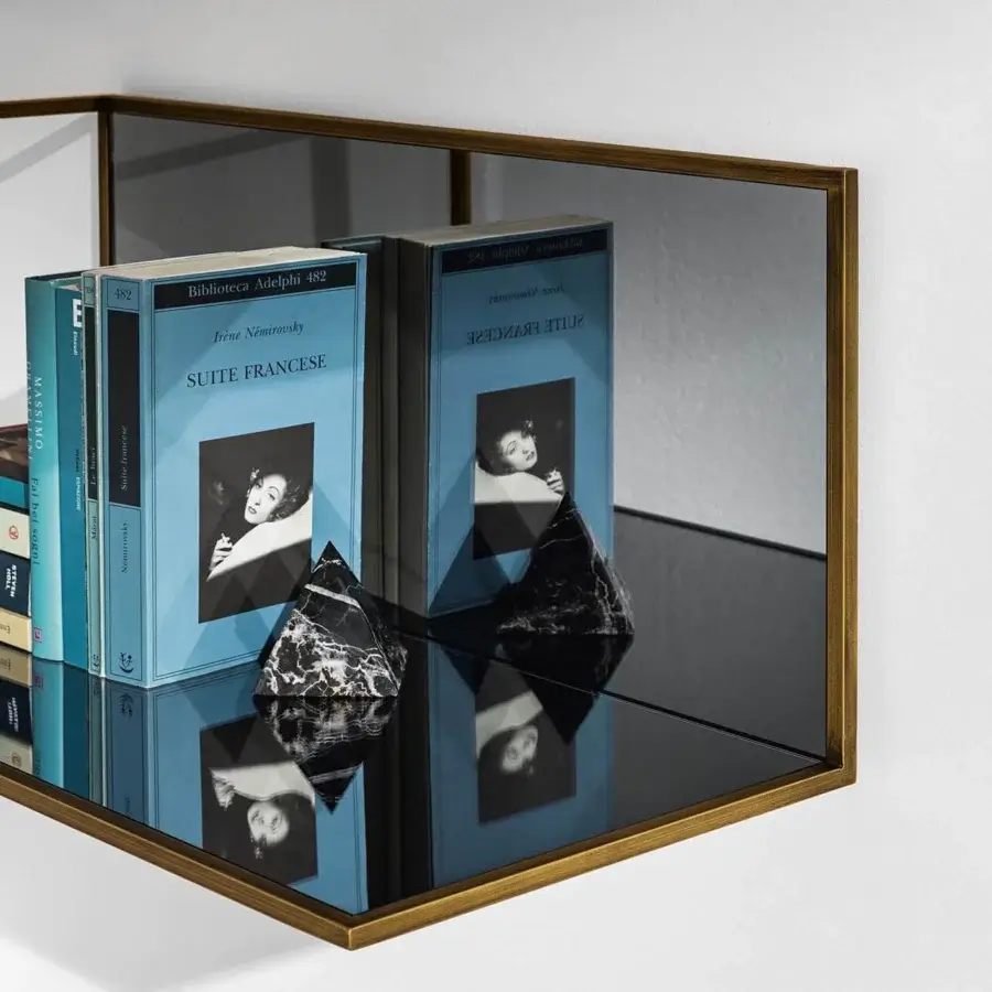 Superior Sovet Italia Helia shelf with a refined lacquered metal structure and smoked mirror shelf and back in burnished golden tone