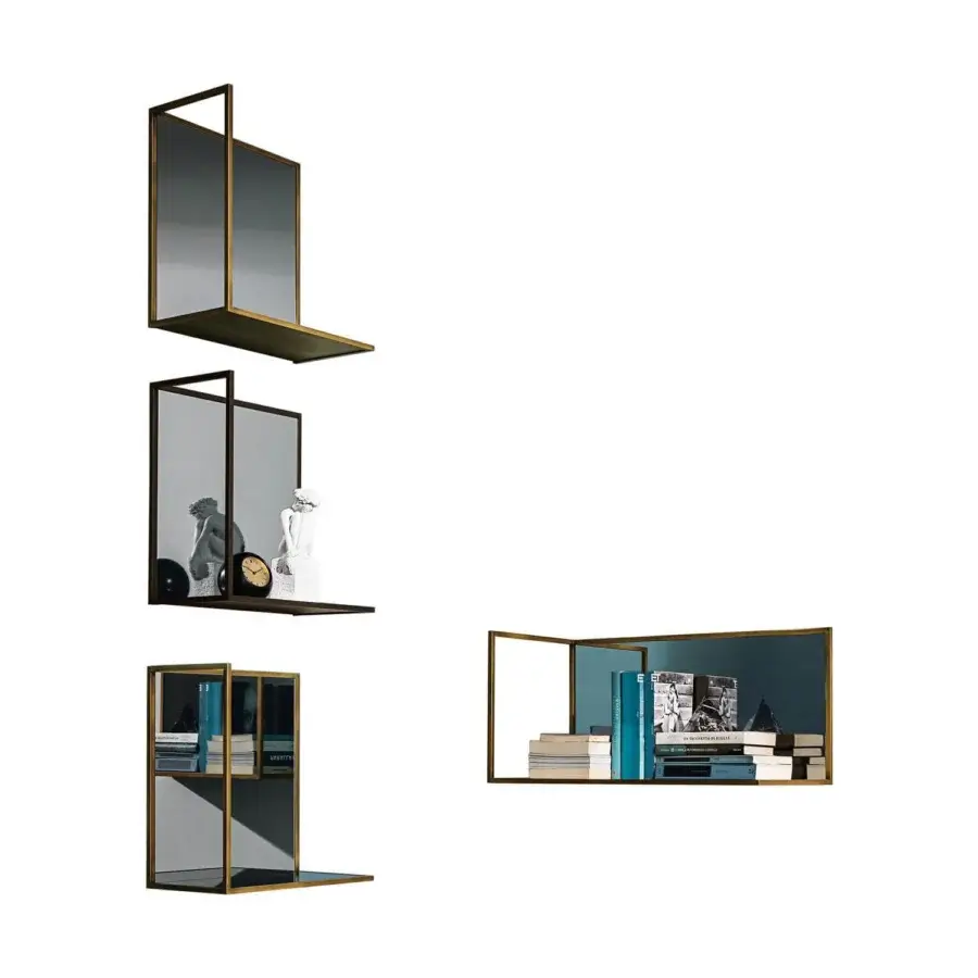 Exceptional Sovet Italia Helia shelf with a lacquered metal structure and bronzed mirror back panel and shelf
