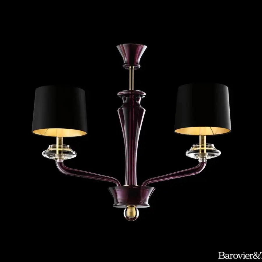 Exceptional Barovier&Toso Saint Germain suspension lamp crafted in purple Murano glass with black lampshades and gold detailed accents