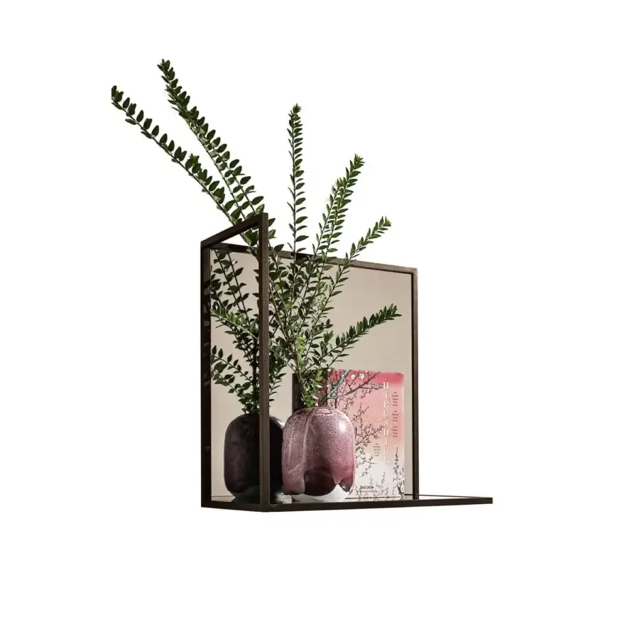 Elegant Sovet Italia Helia shelf with a lacquered metal structure and smoked mirror backing