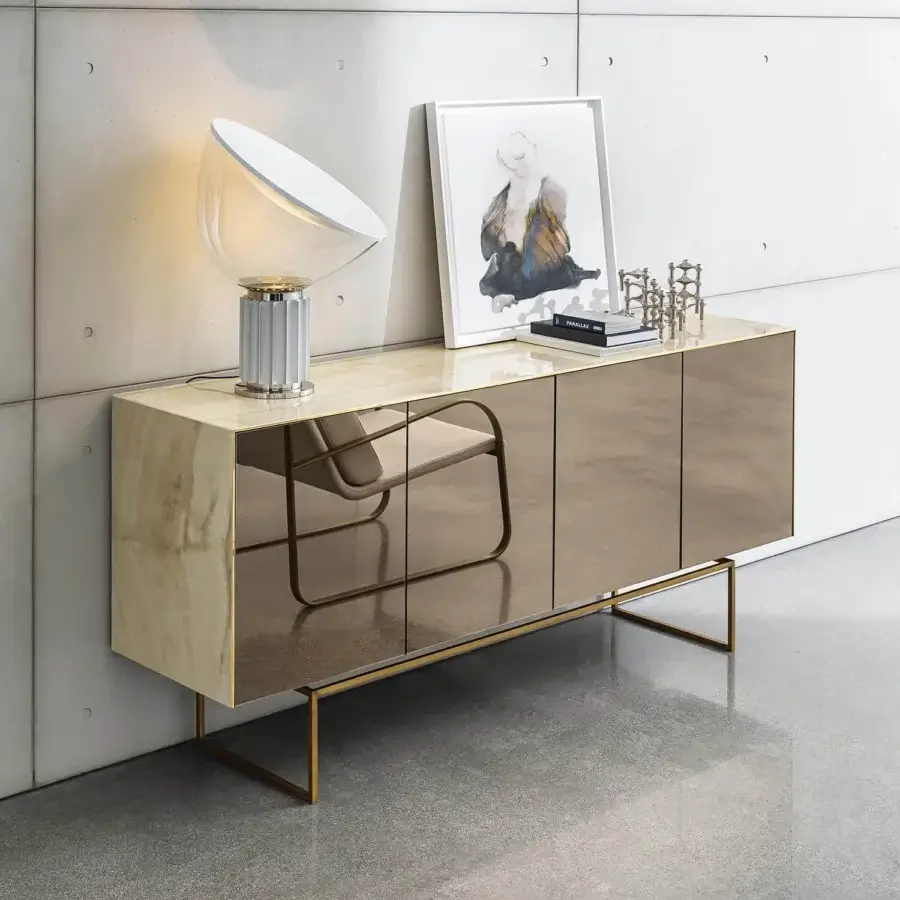 Superior Sovet Italia Magda sideboard with light ceramic structure and warm bronze-toned mirror doors resting on gold lacquered metal