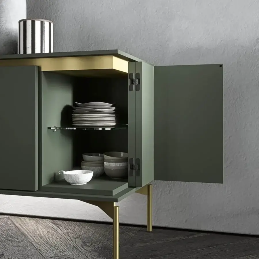 Distinguished Presotto Hug sideboard with chipboard doors and golden accents in a matte lacquered dark green finish