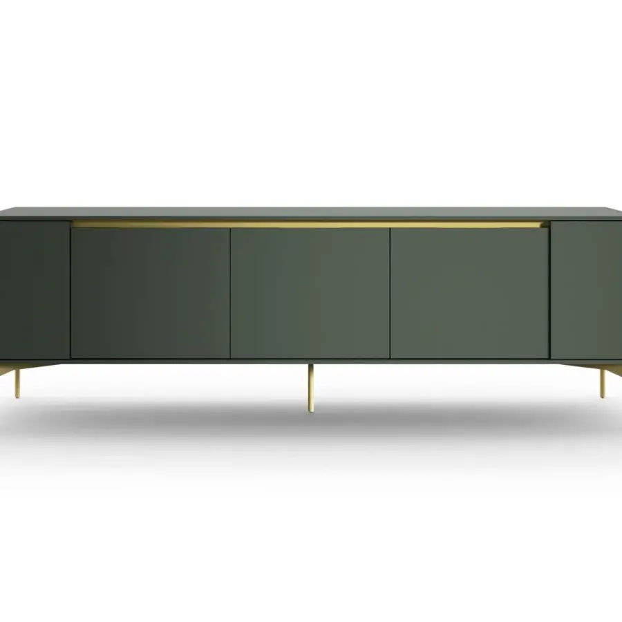 Elegant Presotto Hug sideboard crafted in Italy with chipboard doors and a gold tone metal base in deep green matte lacquer