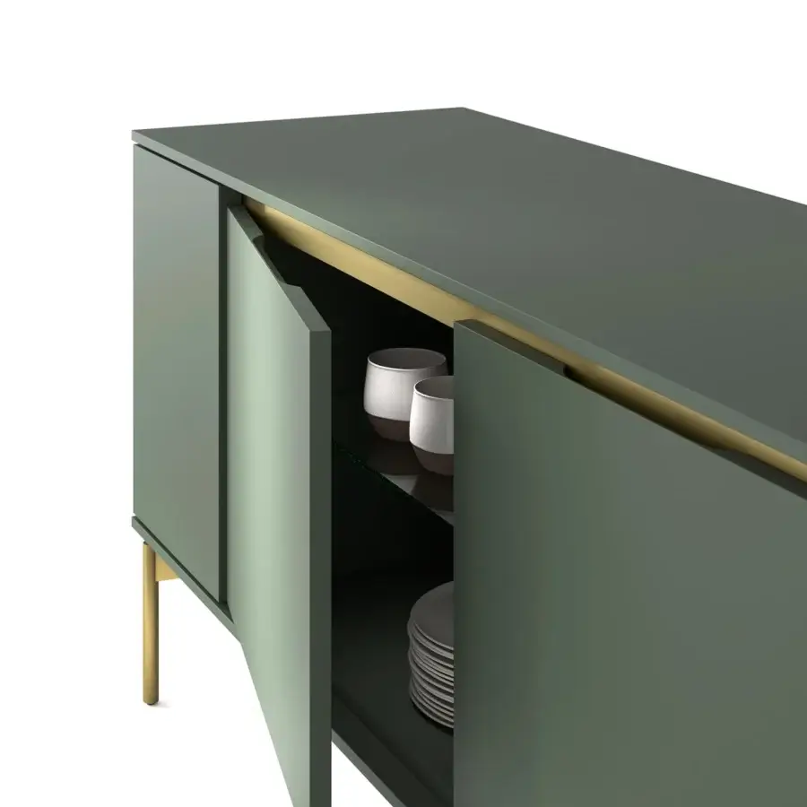 Superior Presotto Hug sideboard with a matte green lacquered finish and golden metal accents crafted in Italy with chipboard