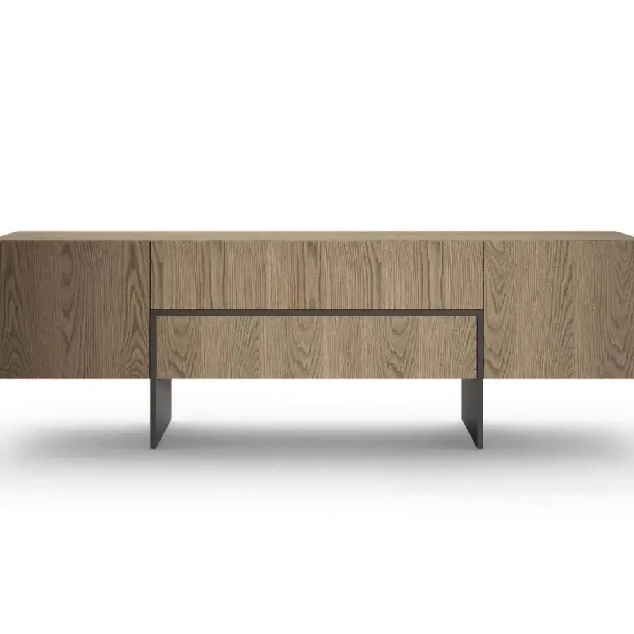 Exclusive Presotto Bridge sideboard with medium brown wood texture and dark metal accents outlining jumbo drawers and base