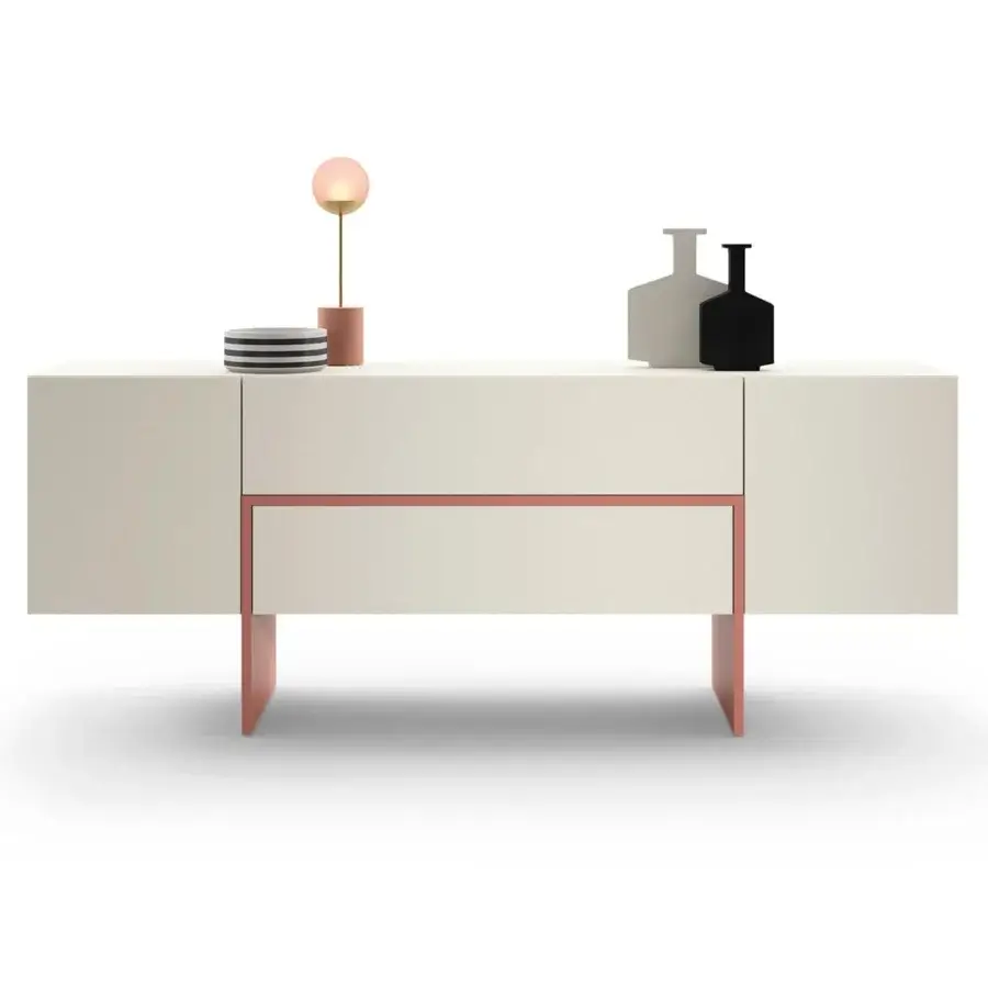 Distinguished Presotto Bridge sideboard with coral drawer frames and legs in matte off-white or light beige finish