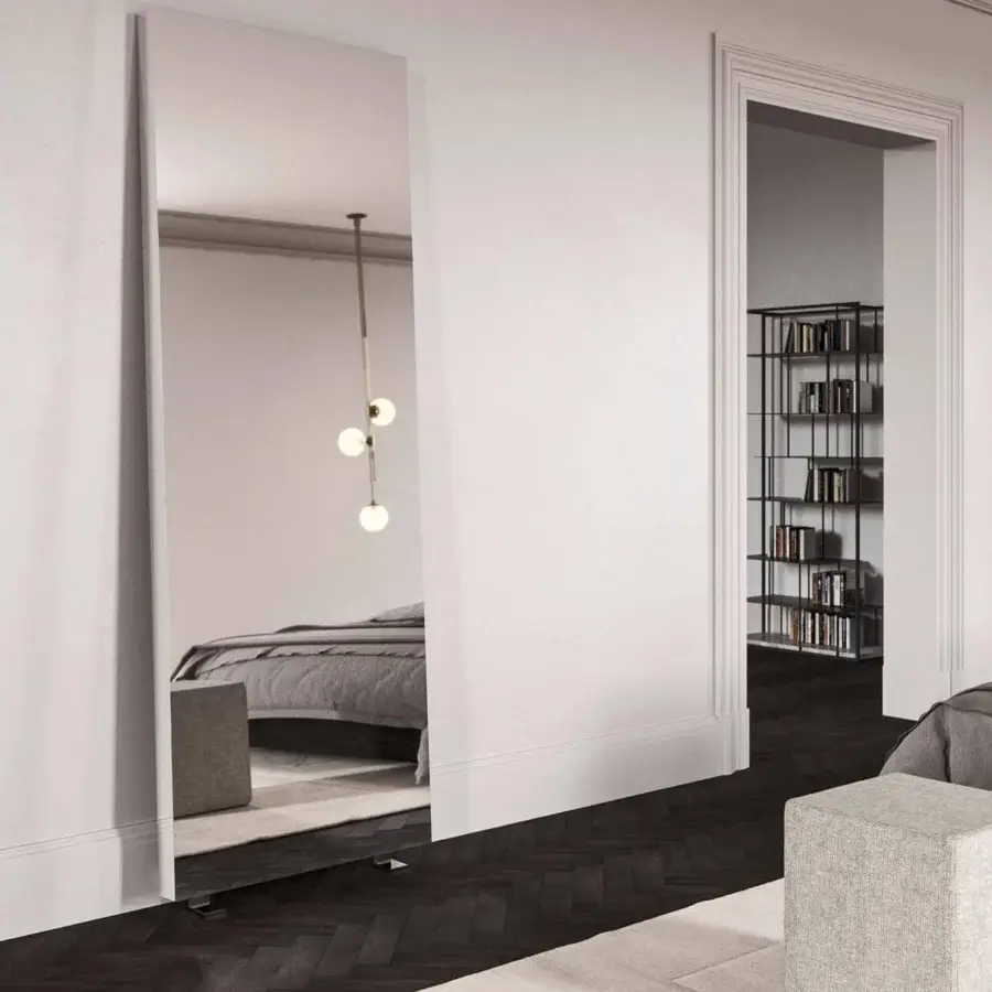 Superior Presotto Tuttospecchio mirror with a streamlined form and full-length reflection in chromed metal feet