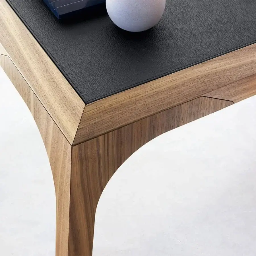 Distinguished Presotto Relevè desk with natural timber structure and black lacquer glass top showcasing a medium-brown finish