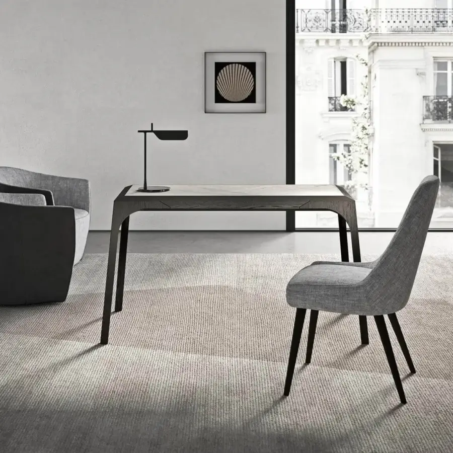 Distinctive Presotto Relevè desk with natural timber structure and wood veneered finish in dark gray hues