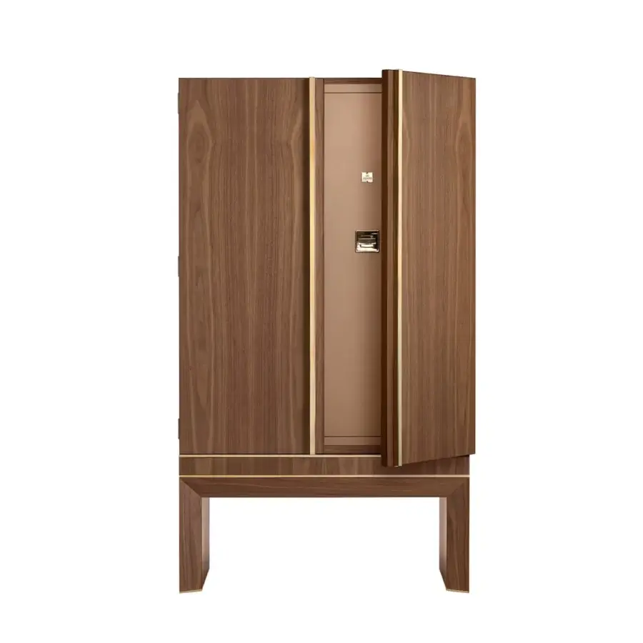 Sophisticated Agresti Lei Lui armoire featuring vertical grain medium brown wood satin finish and gold hardware interior safe compartments