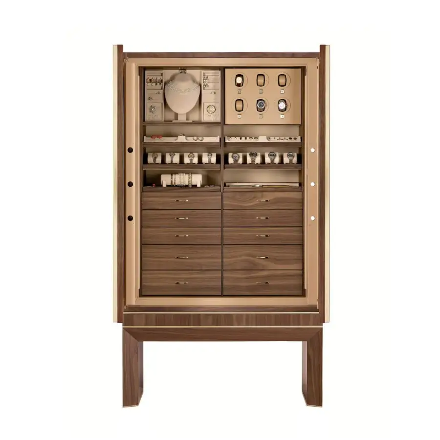 Luxury Agresti Lei Lui armoire with safe in brown wood and cream interior surfaces plus glossy 24-karat gold hardware