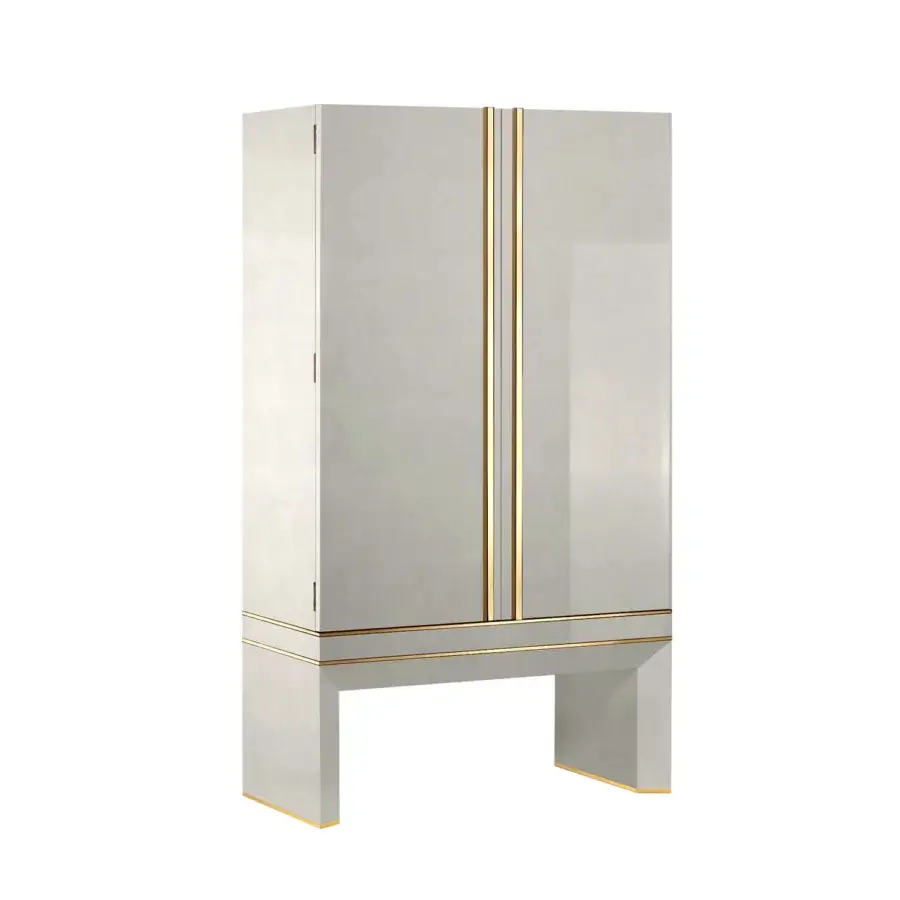 Elegant Agresti Lei Lui armoire in high-gloss light grey wood with architectural U-shaped base and 24-karat gold hardware
