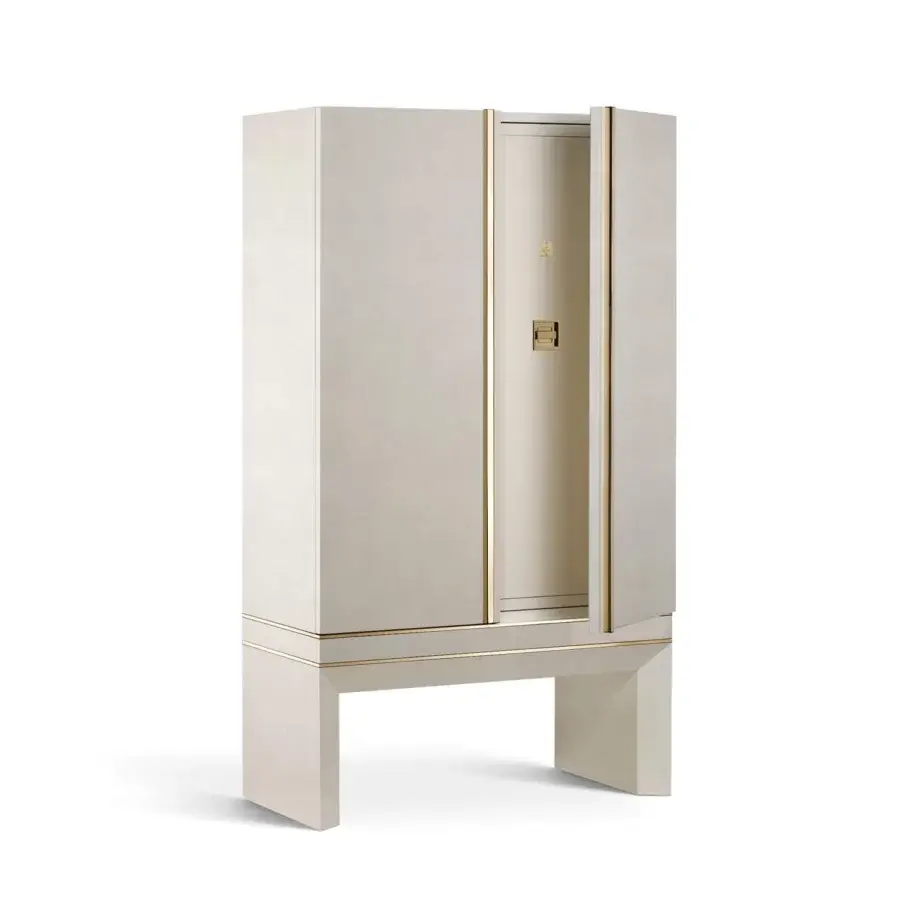 Exquisite Agresti Lei Lui armoire showcasing light beige wood, gold hardware, and biometric safe