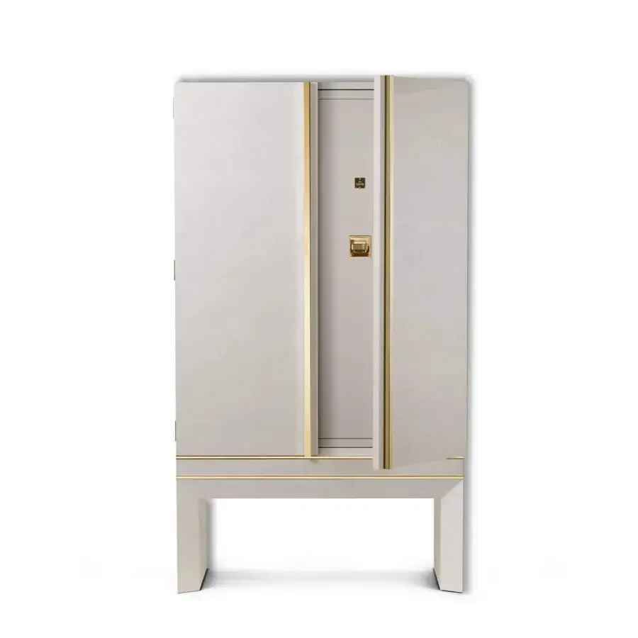 Luxury Agresti Lei Lui armoire in off-white textile with 24-karat gold hardware accents plus secure biometric protection