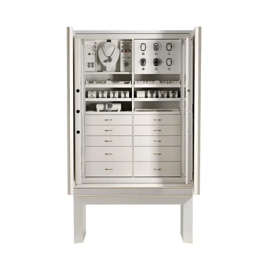 Exquisite Agresti Lei Lui armoire with matte white finish metallic tones and gold hardware
