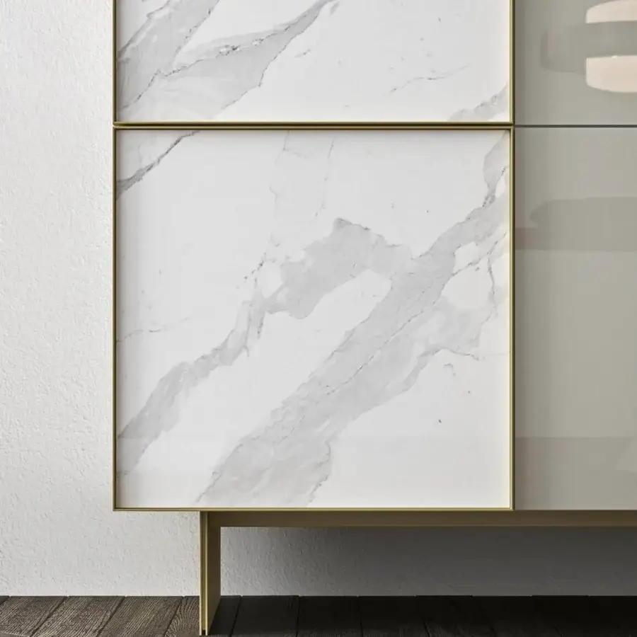 Exceptional Presotto Match cupboard with light-toned chipboard panels and white marble-effect accents in a matt finish