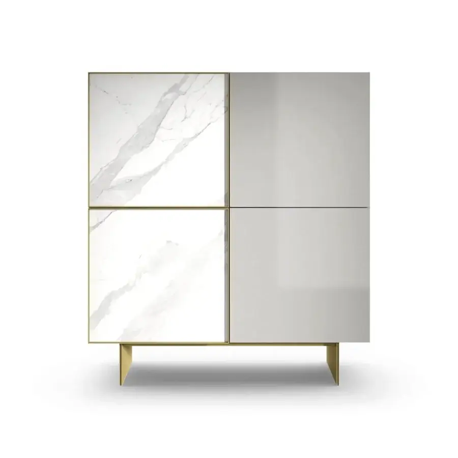 Elegant Presotto Match cupboard with matt lacquered chipboard and glossy marble-effect panels built with gold-toned metal framework