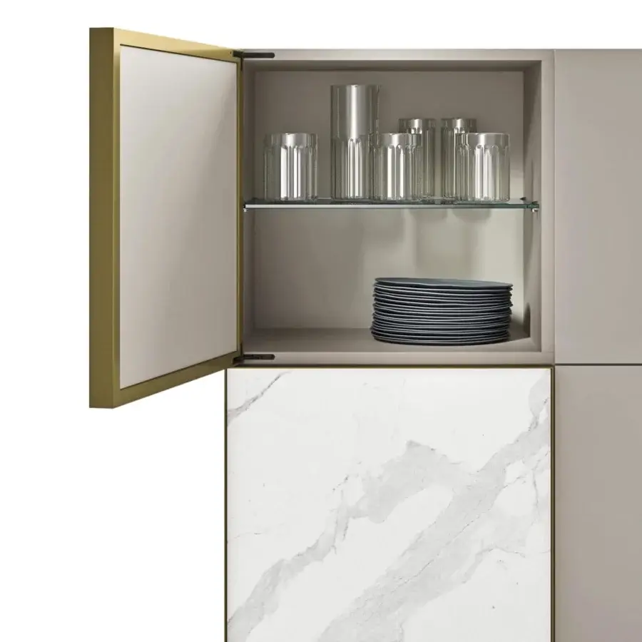 Harmonious Presotto Match cupboard with matte lacquered chipboard and a glossy marble-effect panel within a metal frame