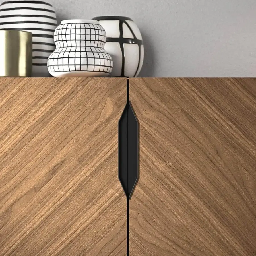 Exclusive Presotto Rho sideboard crafted with Canaletto Walnut veneer and recessed black handles exhibiting a striking diagonal pattern