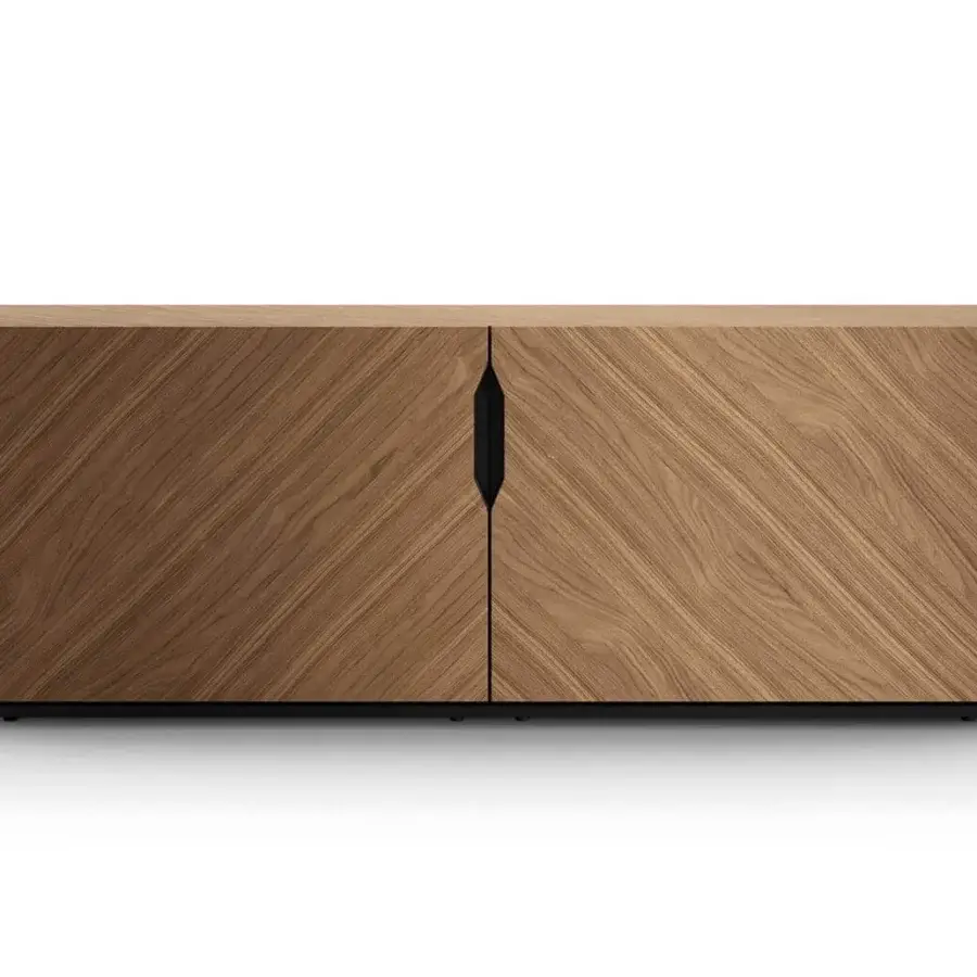 Exclusive Presotto Rho sideboard crafted with Canaletto Walnut veneer and dark recessed handles exhibiting a black varnished base