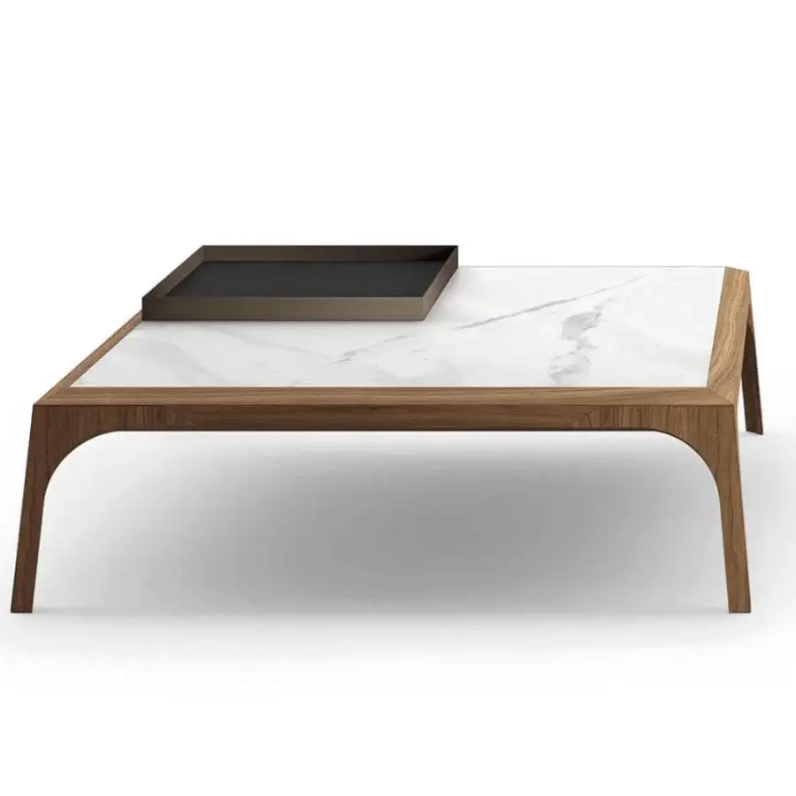 Exceptional Presotto Relevè coffee table with distinctive wood legs and a white ceramic top framed in warm brown wood