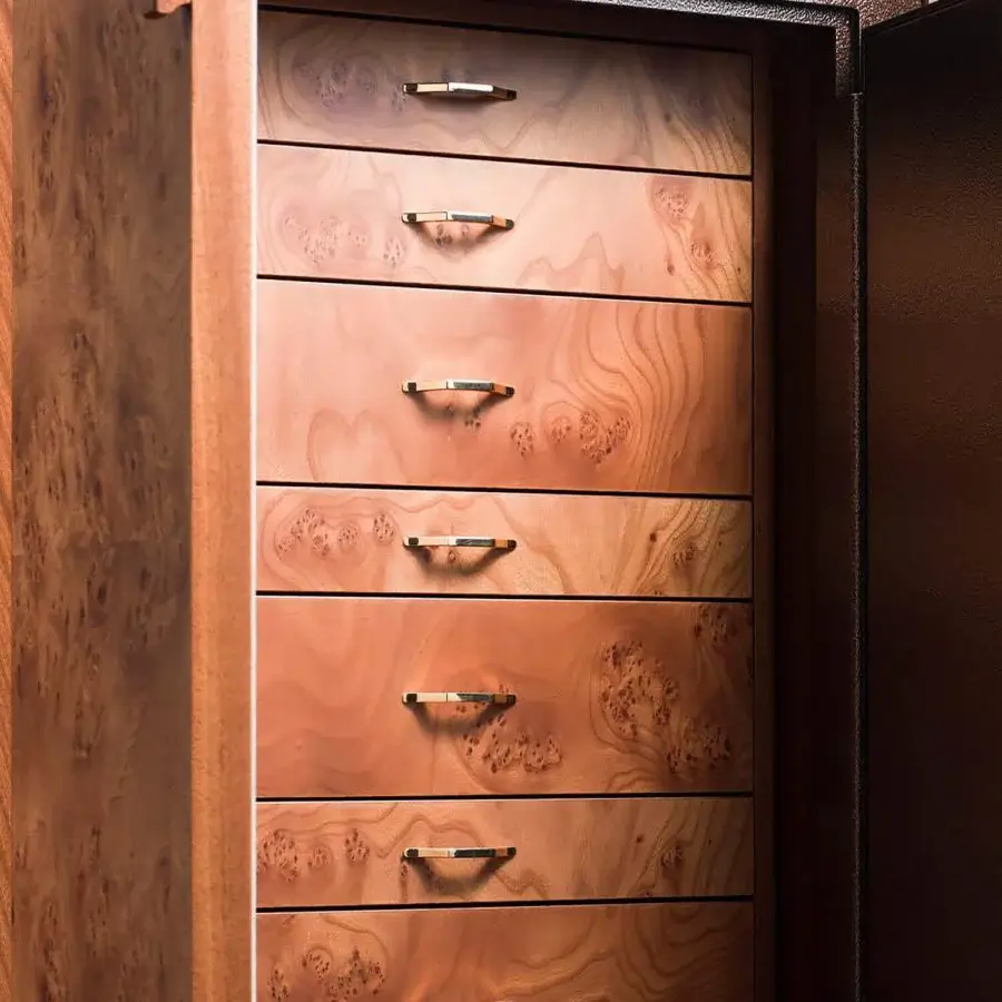 Luxury Agresti Gioia Classico armoire with safe in briar wood matte finish displaying warm burled grain and gold hardware
