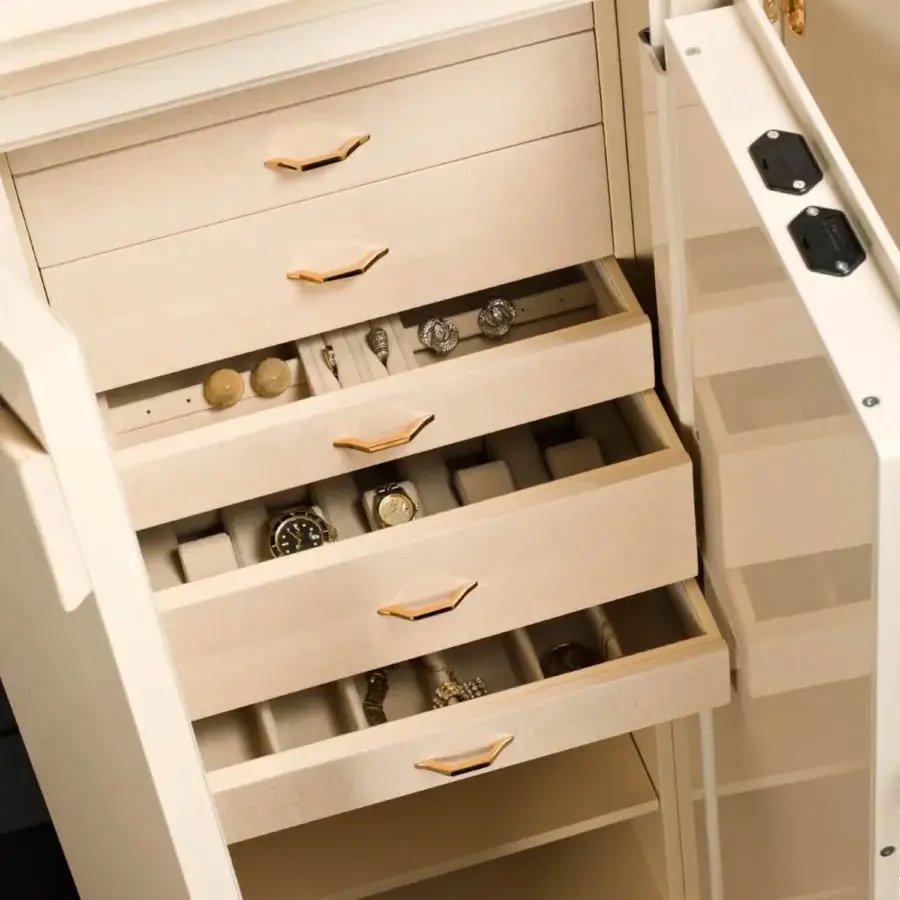 Luxury Agresti Gioia Classico armoire crafted from bird’s eye maple in cream finish with gold-plated brass safe hardware