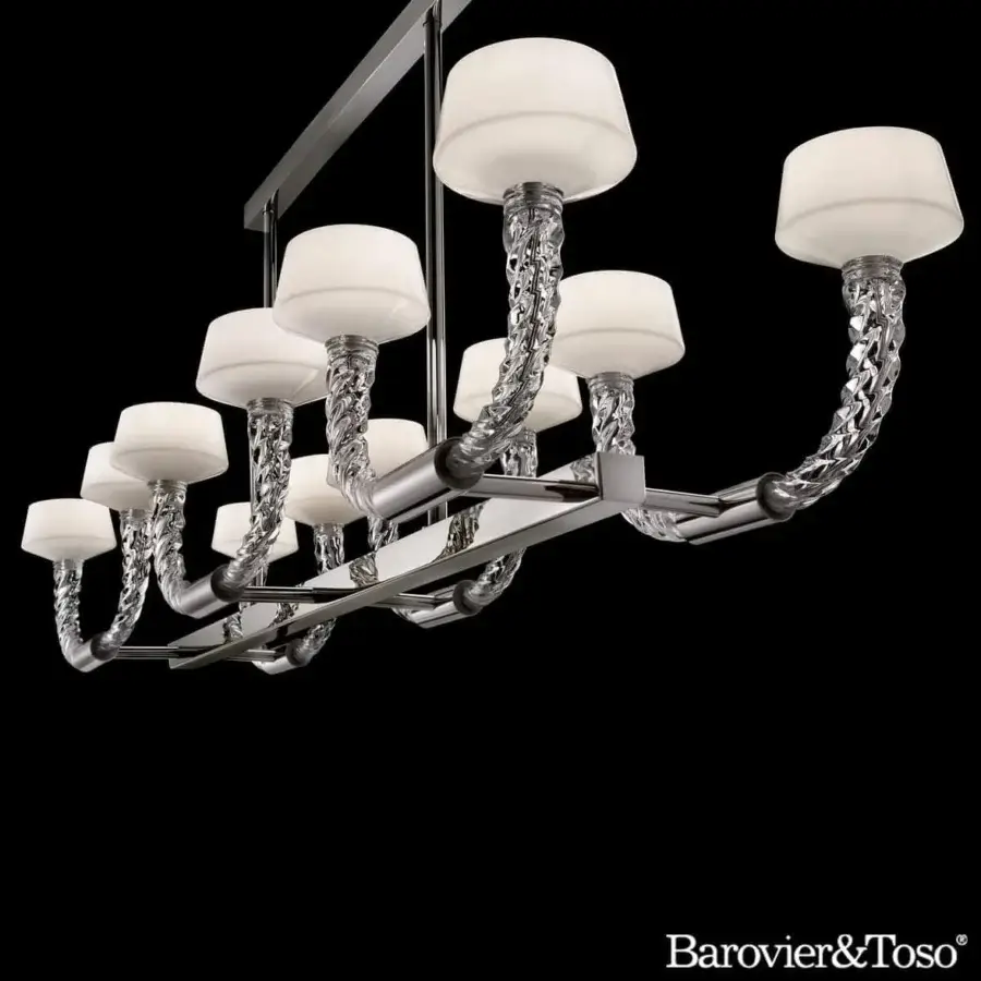 Distinguished Barovier&Toso Twins suspension lamp with twisted transparent crystal and opaque white glass shades in a glossy metal structure