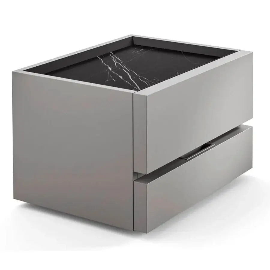 Elegant Presotto Sibari nightstand crafted in uniform gray matte lacquer with a dark veined top and embedded handle
