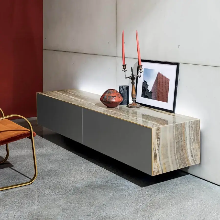 Elegant Sovet Italia Magda sideboard with swirling brown, beige, and cream ceramic and glossy finish