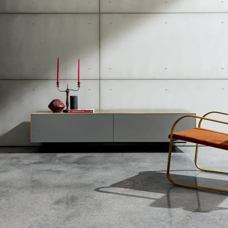 Distinctive Sovet Italia Magda sideboard with sleek rectangular form and smooth matte gray ceramic finish accented with brass