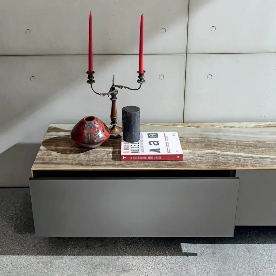 Superior Sovet Italia Magda sideboard with warm brown and beige ceramic top and matte grey handle-less drawer