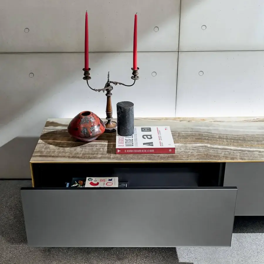 Distinguished Sovet Italia Magda sideboard with striated beige and brown ceramic top and smooth medium gray finish