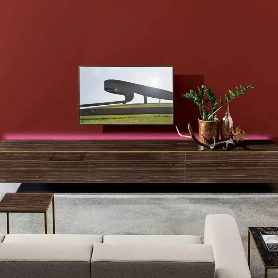 Exceptional Sovet Italia Magda sideboard with dark ceramic structure and brass profile exhibiting horizontal wood grain
