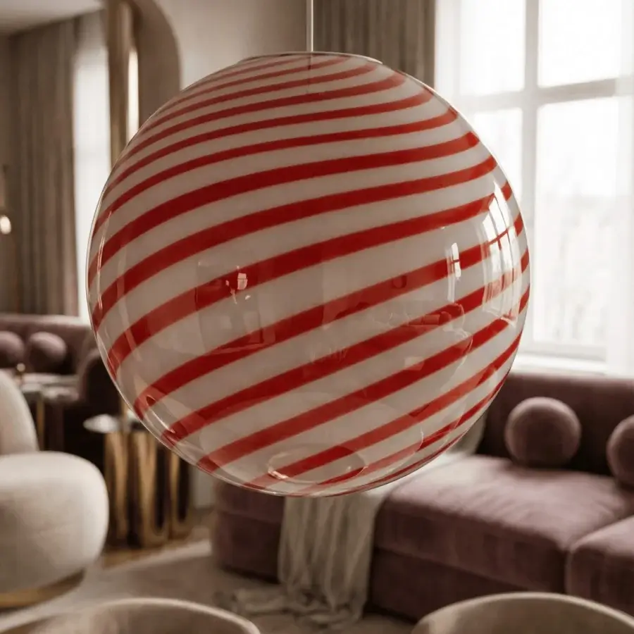 1295 Murano Candy Suspension Lamp - Red & White #6