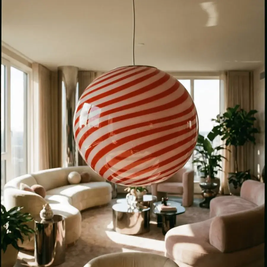 1295 Murano Candy Suspension Lamp - Red & White #7