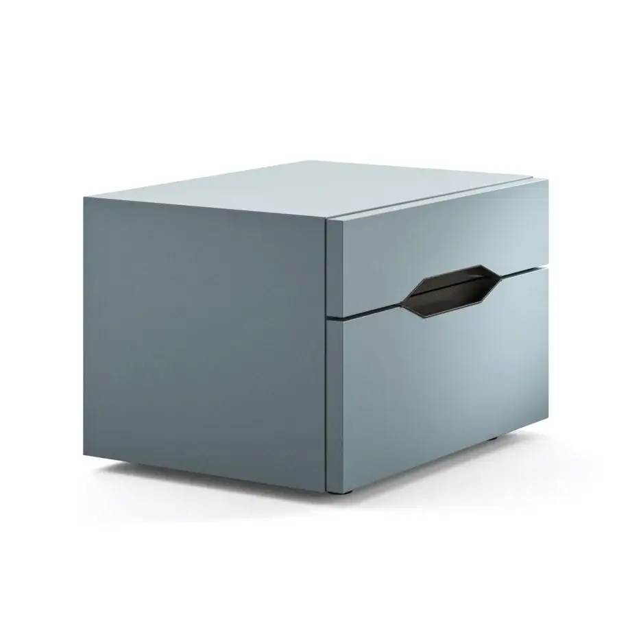 Elegant Presotto Sigma nightstand with muted gray-blue matt lacquer and horizontally-oriented darker handle