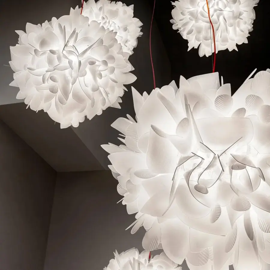 Superior Slamp Veli Foliage suspension lamp in bright white crafted from synthetic material with overlapping floral elements