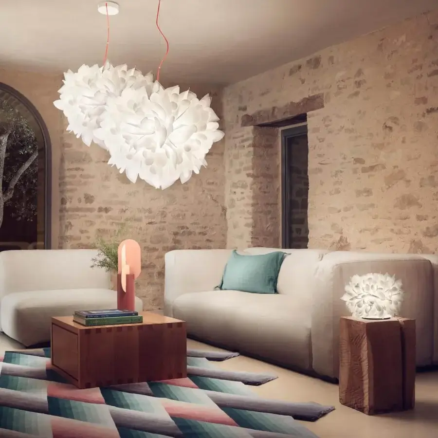Distinguished Slamp Veli Foliage suspension lamp with layered petal-like texture in soft matte white and orange cords