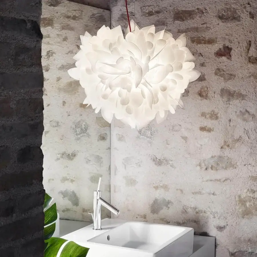 Refined Slamp Veli Foliage suspension lamp with over 268 handcrafted bends in white synthetic material suspended by a red cord