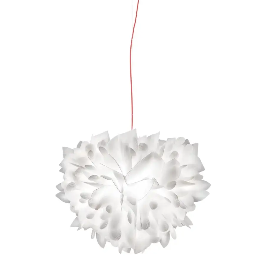 Exceptional Slamp Veli Foliage suspension lamp with a spherical form crafted in matte white synthetic material and red cord