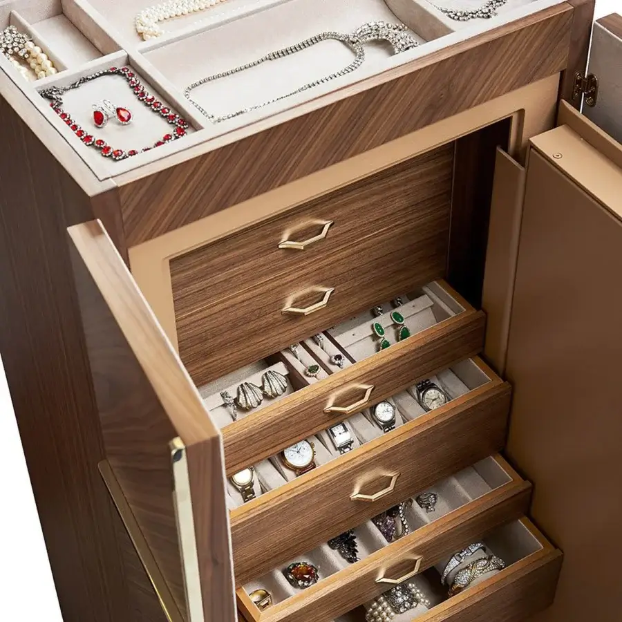 Elegant Agresti Gioia Moderno armoire in medium wood with semi-gloss finish gold-tone accents and soft-textile interior